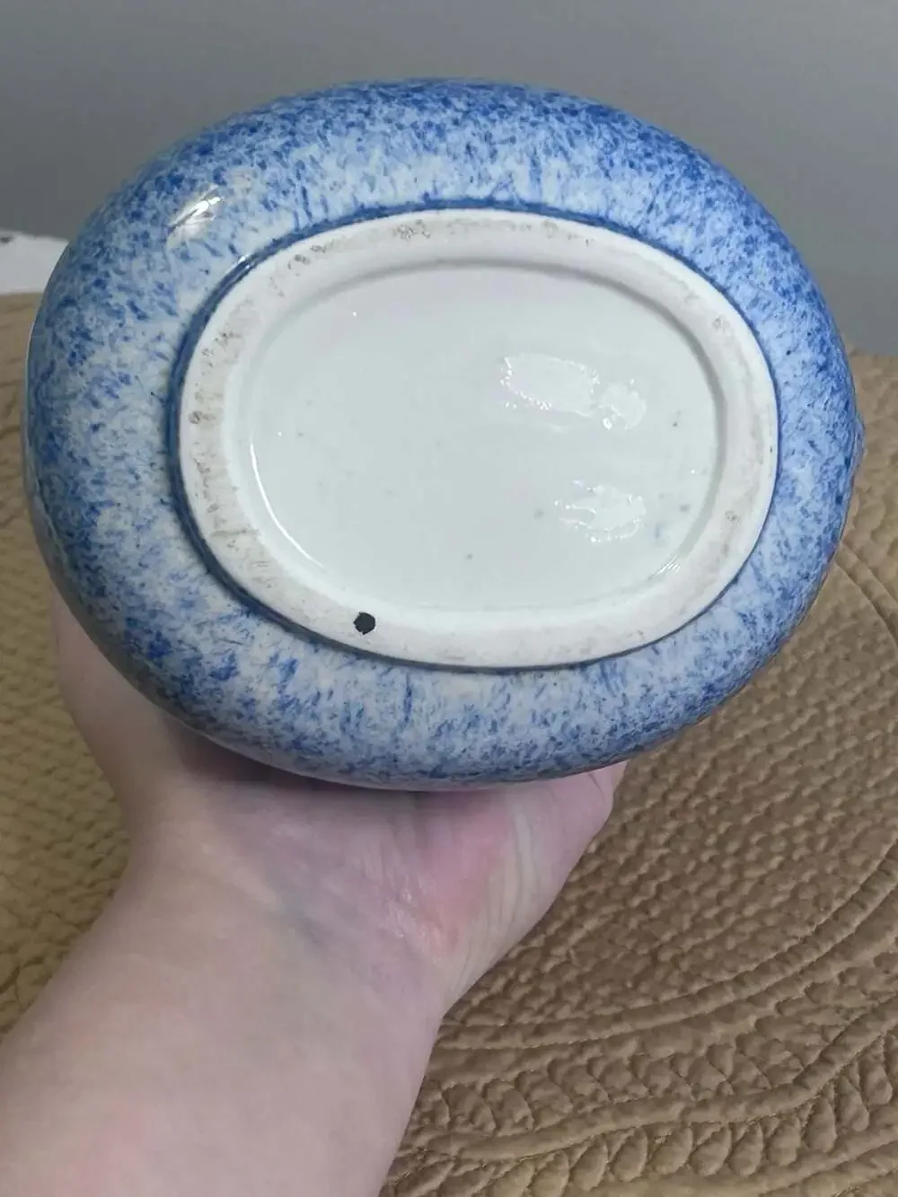 Vintage Calico Crown China Blue Spongeware Spatterware Ceramic Pitcher Duck